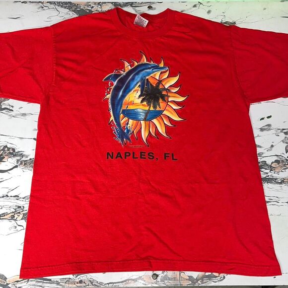 Men's Red T-shirt Naples Vintage Dolphin Florida Fruit of the loom large y2k - Picture 1 of 7